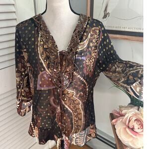 HALE BOB Womens Tunic Brown Chiffon Beaded Metallic Bohemian Artsy Festival | S